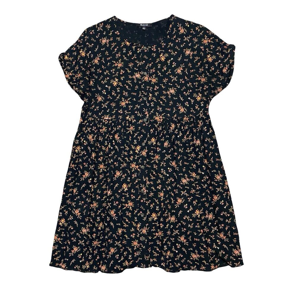Madewell Black Floral Collarless Shirt Dress Size Small